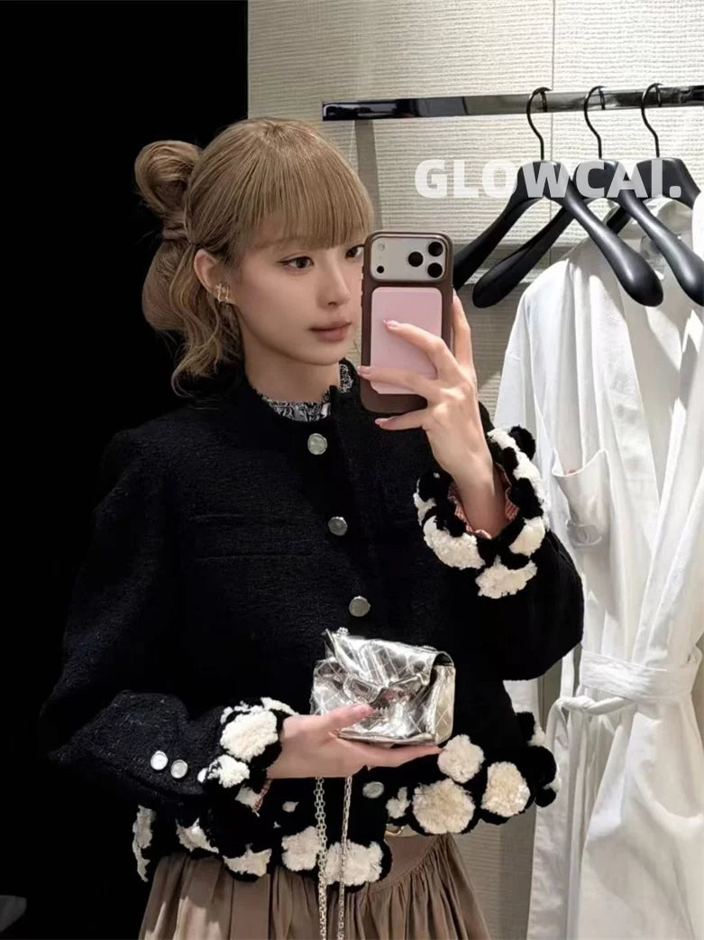 Spring and summer 26ss June 26s fragrant spring and summer new black tweed black and white hairball silver button short black jacket