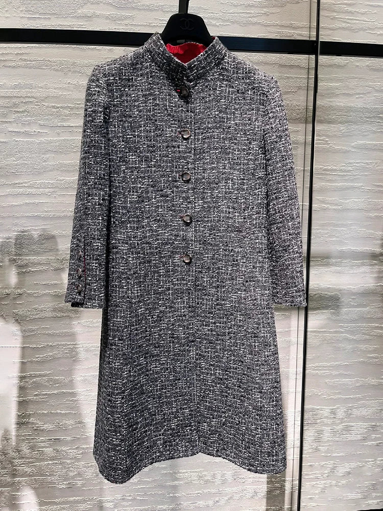 Jacket women's autumn and winter new stand-up collar temperament nine-quarter sleeve gray wool tweed haute couture coat