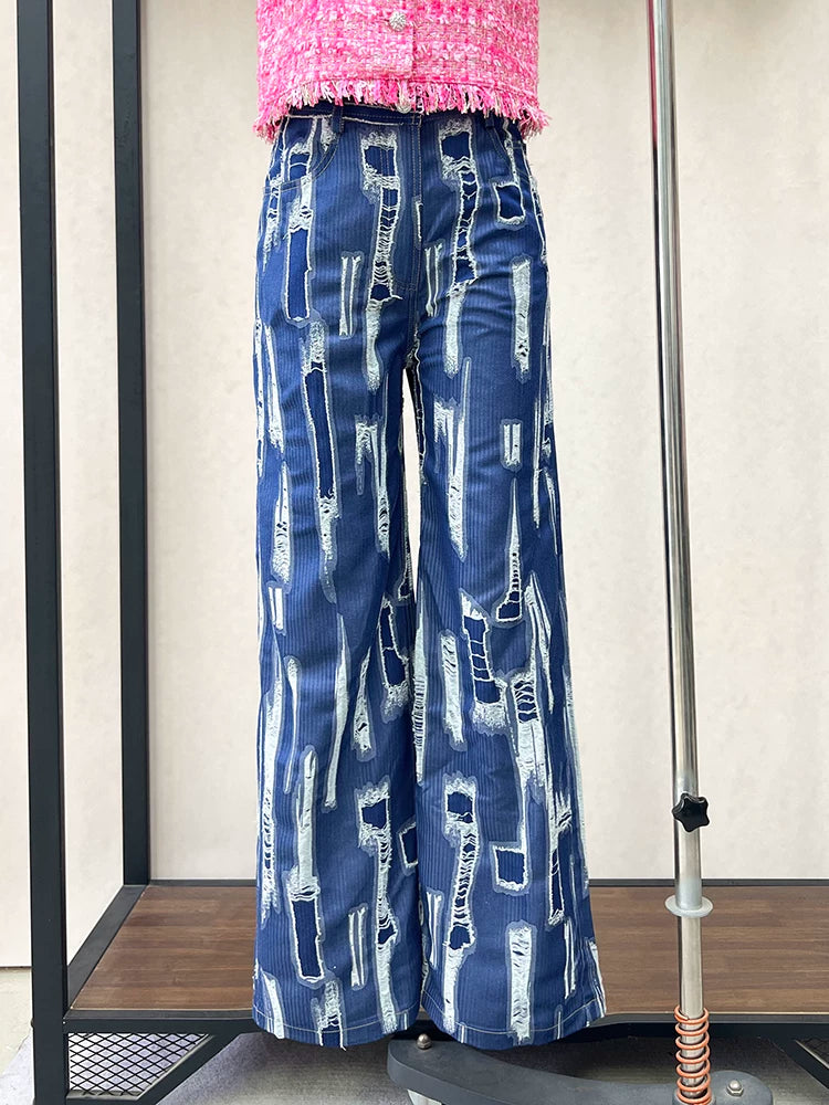 French retro jeans women's 2025 summer loose straight trousers wide-leg trousers snakeskin pattern personalized trendy trousers