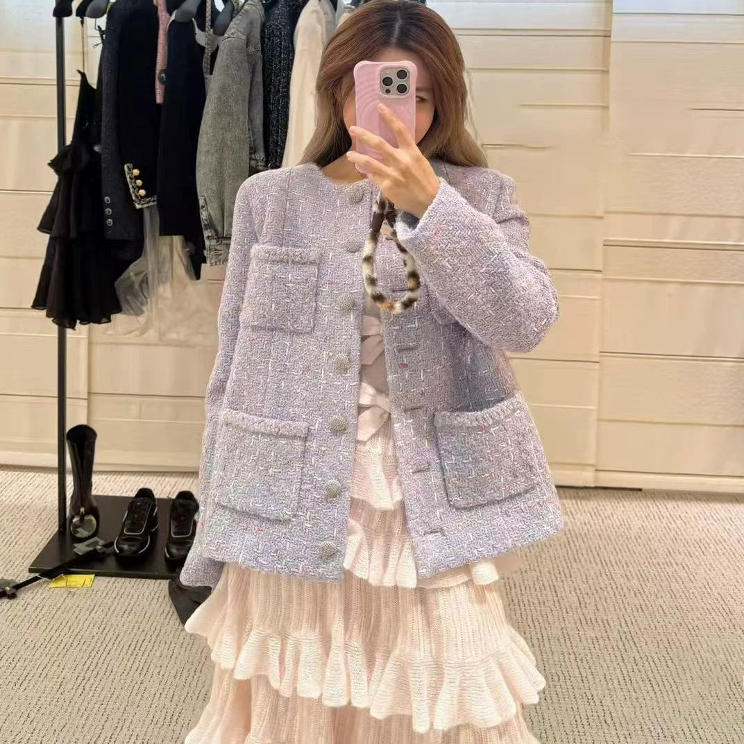 2025 autumn and winter purple letter color versatile double pocket crew neck woven wool tweed medium and long coat women