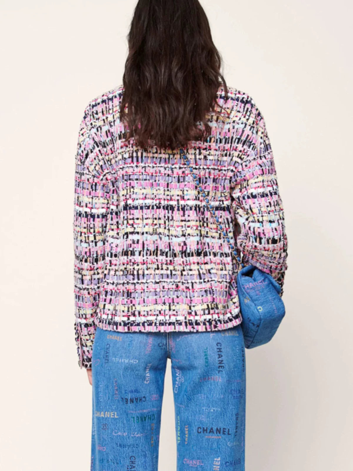 Early spring new Liu Wen same wool tweed short coat women's pink plaid striped woven top