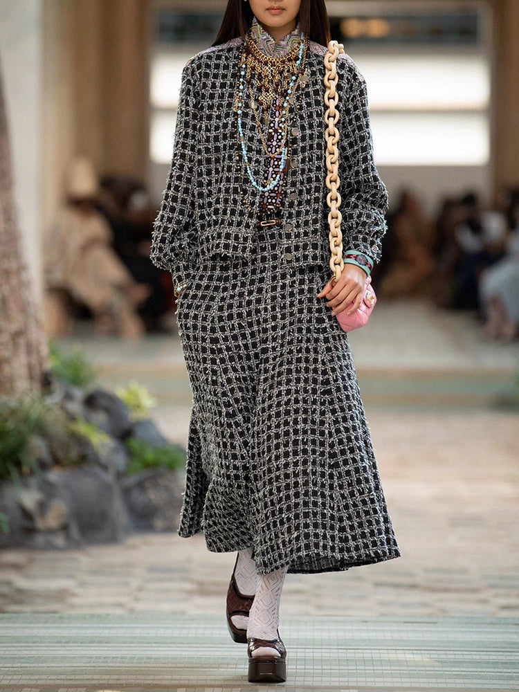 Wang Yibo's same autumn and winter suit, coat, skirt, high-end tweed plaid jacket, celebrity temperament