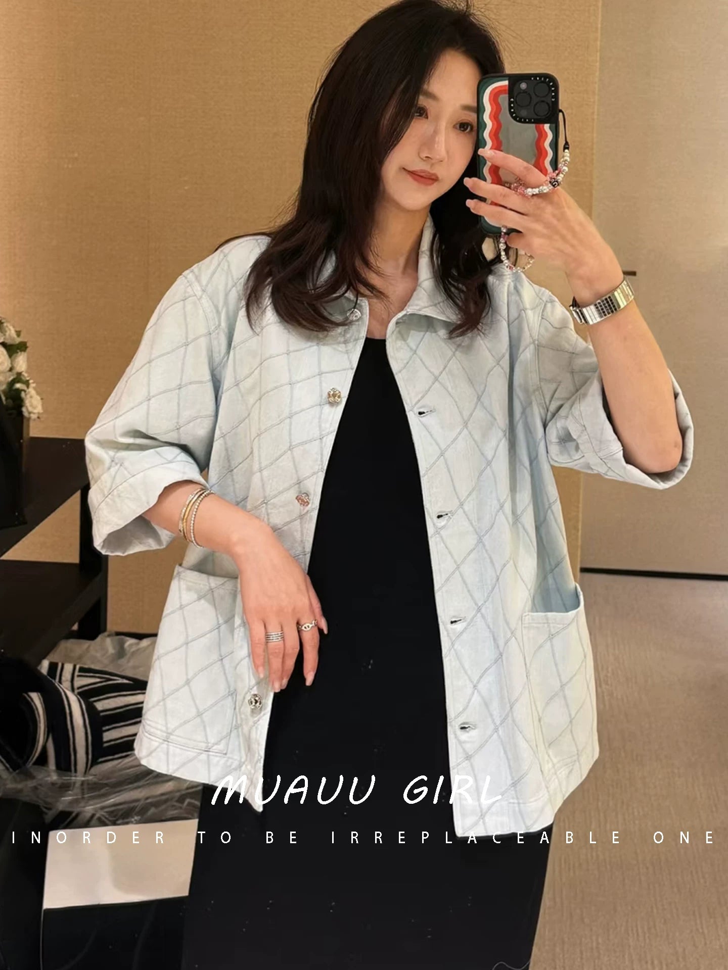 Spring/summer 26ss June MUAUU GIRL vacation collection! 26SS rhombus denim jacket/trousers/shorts/dress