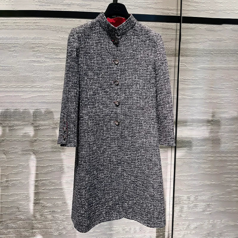 Jacket women's autumn and winter new stand-up collar temperament nine-quarter sleeve gray wool tweed haute couture coat