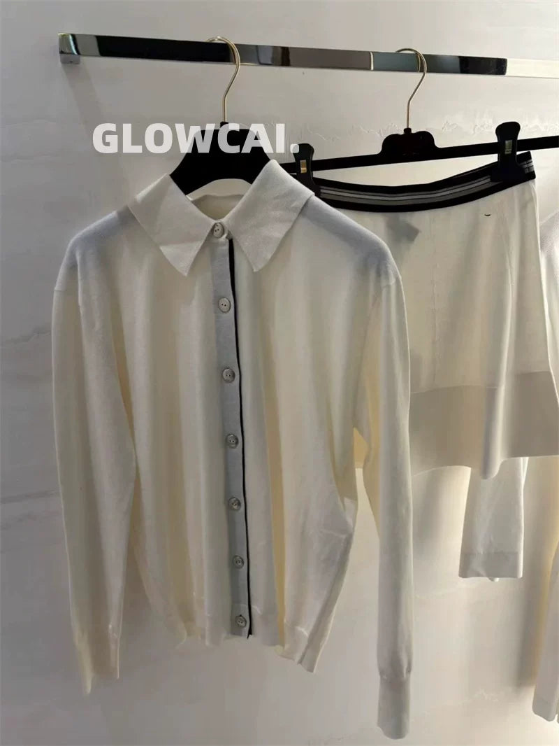Spring and summer 26ss June 26s fragrant spring and summer simple temperament white polo collar lapel long-sleeved knitted sweater + skirt umbrella skirt two-piece set