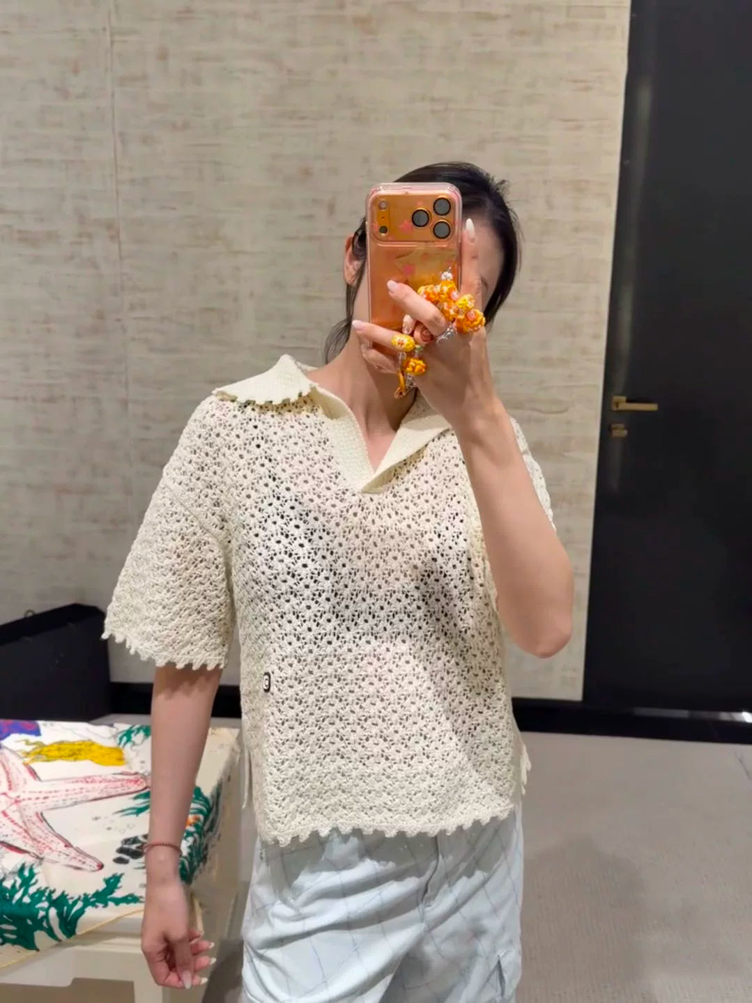 Spring and summer 26ss June, Nanyou 2026 spring and summer new solid color simple lapel hollow short sleeve loose simple versatile knitted sweater top