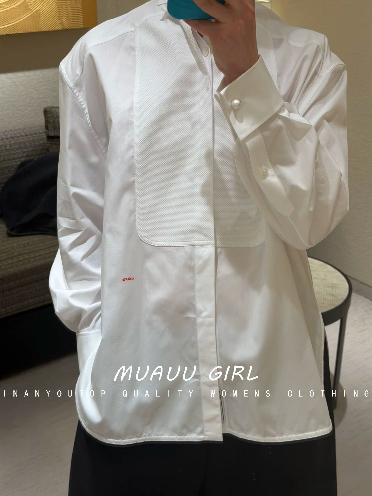 Spring/Summer 26ss June MUAUU GIRL Stylish and Refined! 26SS small stand-collar metal chain detail button decorated long shirt