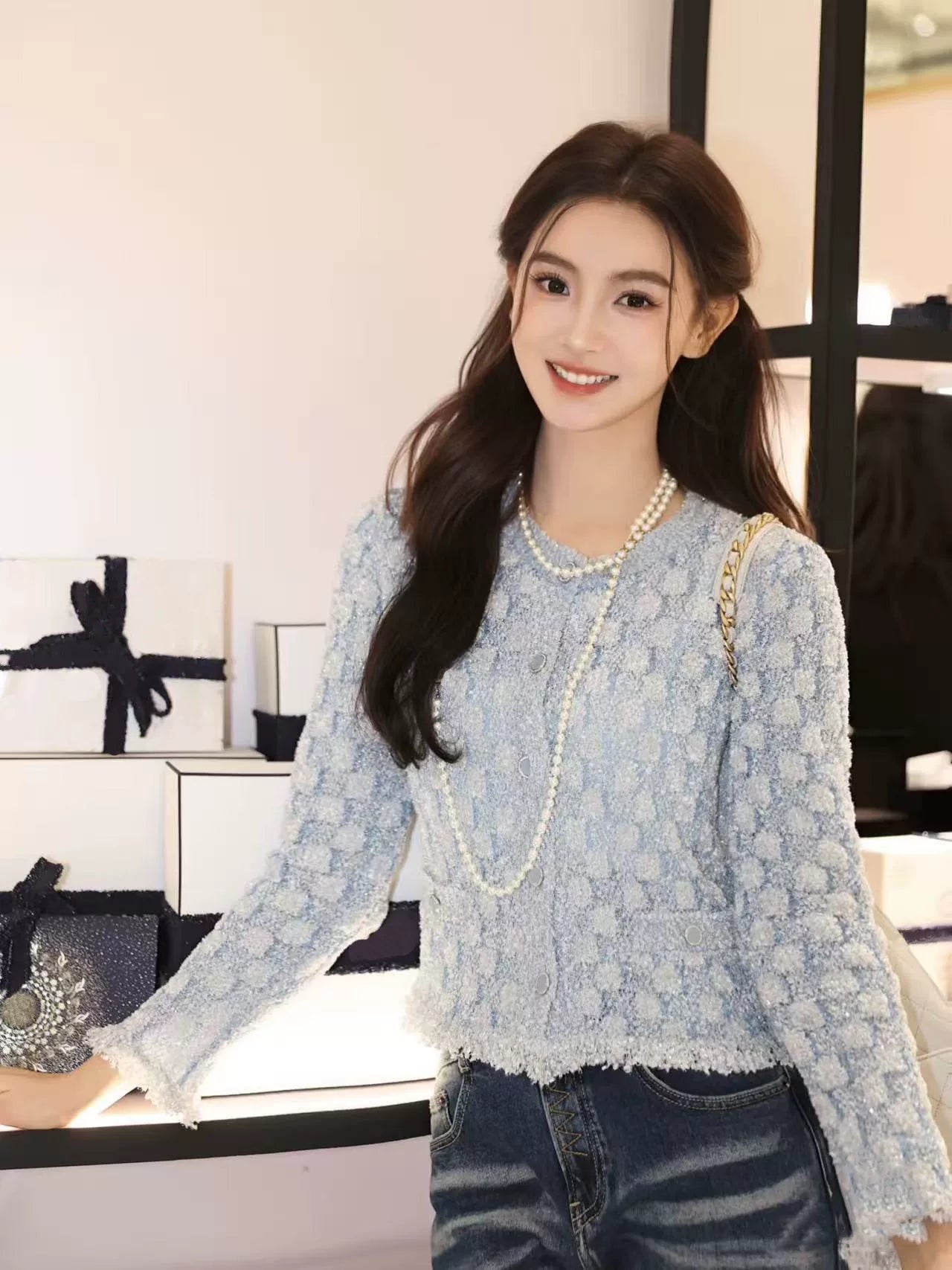 2025 autumn and winter heavy industry model high-end blue silver bright line fringed sleeveless sling vest single-breasted cardigan women