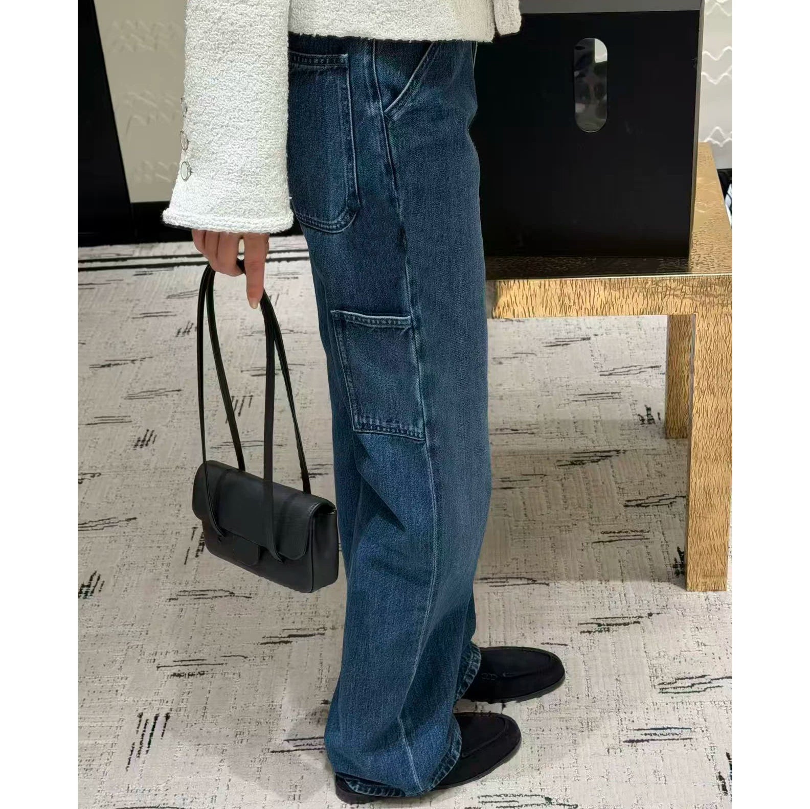 2026 early spring side letters low waist thin legs long denim jeans tooling pockets straight trousers women