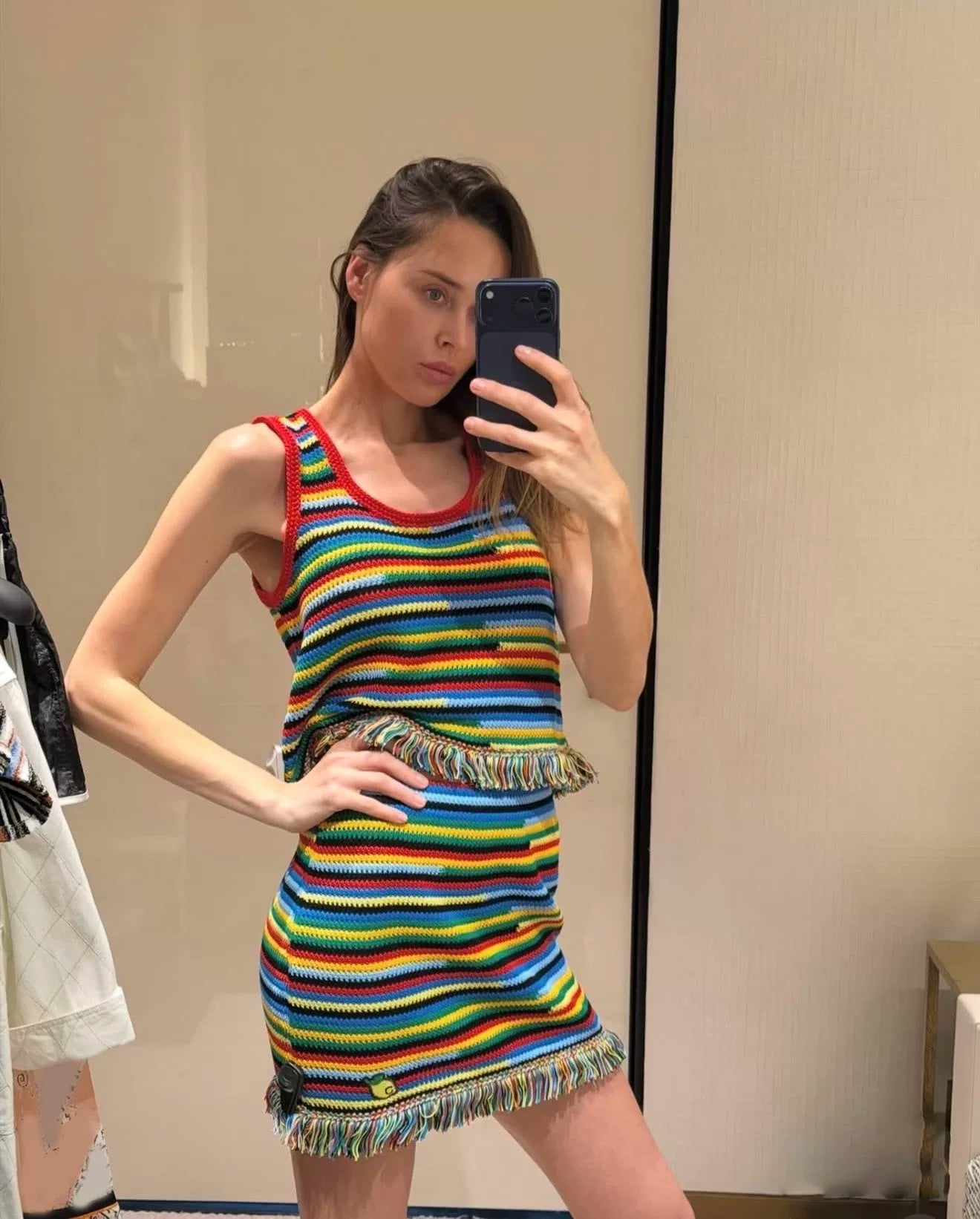 Spring and summer 26ss June, Nanyou 2026 spring and summer new color striped unique fringed versatile fashion knitted vest suspender + skirt