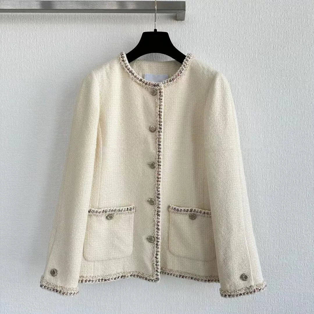 2025 autumn and winter French high-end contrasting tweed heavy industry weaving celebrity temperament round neck single-breasted coat women