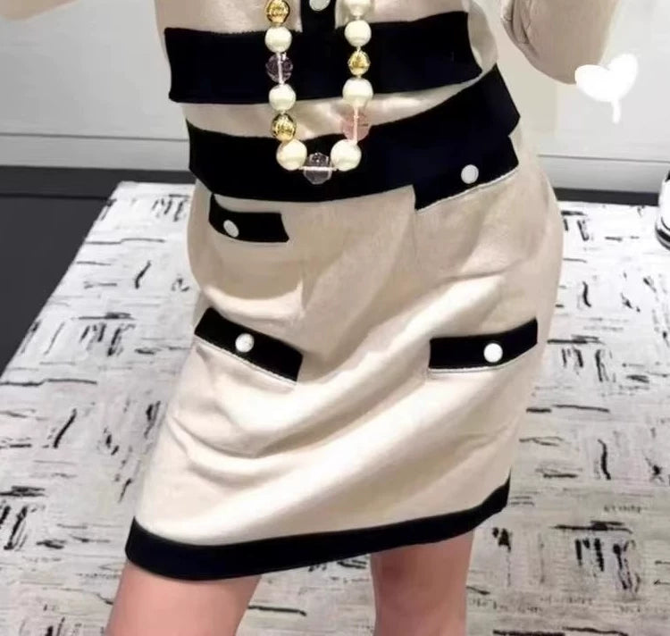 2025 letter bow buckle round neck long-sleeved fake two-piece knitted sweater + skirt + elastic waist pants two-piece set