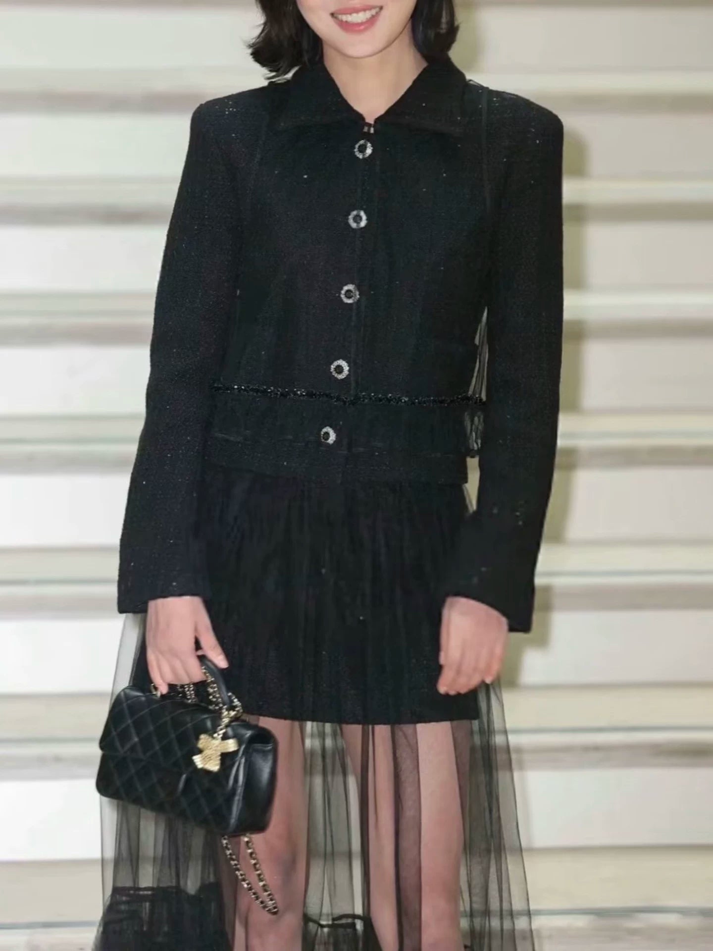 Light luxury black sequined suit women's wool tweed jacket skirt two-piece set celebrity elegance