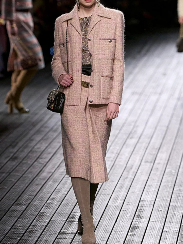 Autumn and winter haute couture coat women's light pink dark compartment four pockets tweed jacket skirt socialite temperament suit