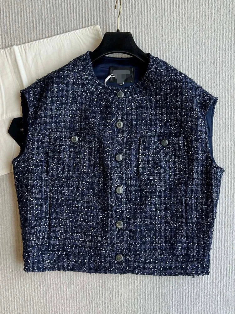 Two-piece unique chic vest vest tweed woven sleeveless temperament versatile skirt suit women