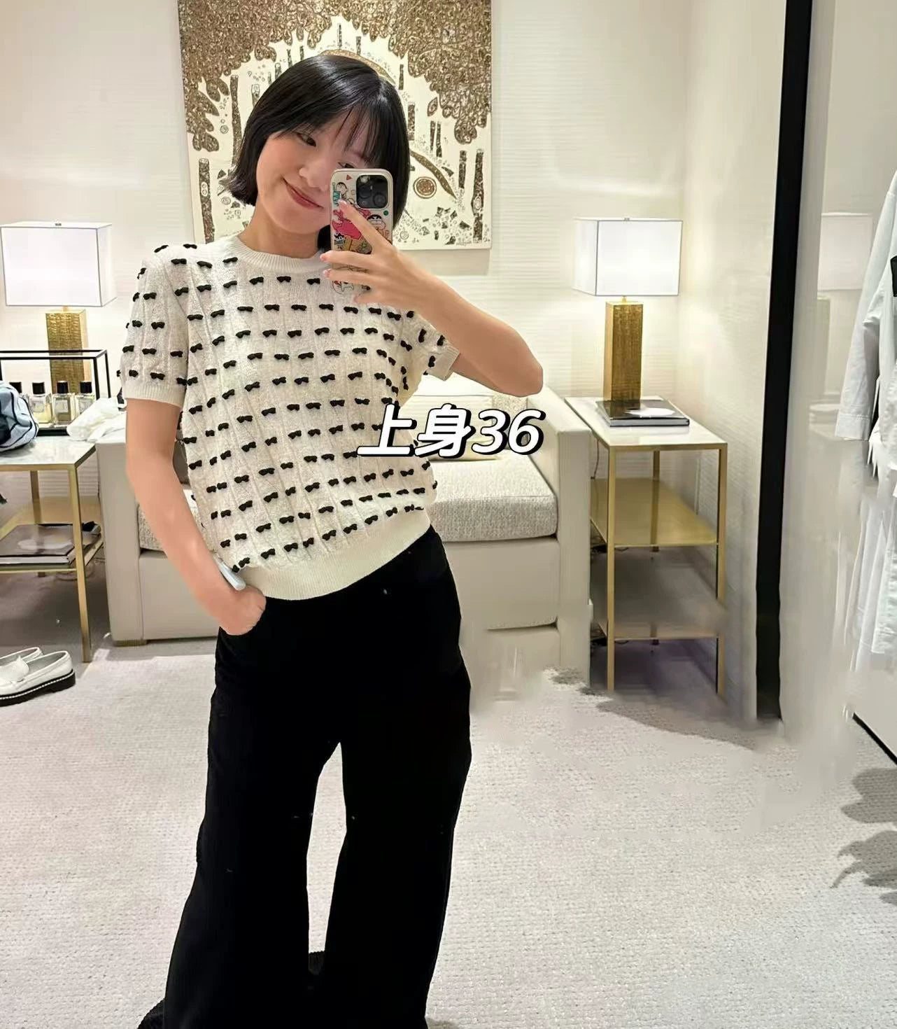 2025 early autumn models heavy industry design bow fashion slim slim slim round neck cashmere T-shirt short sleeve top women