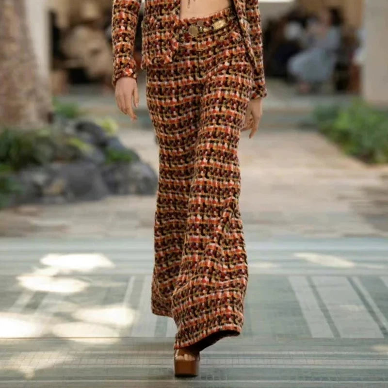 25 autumn and winter new celebrity temperament suit jacket wide-leg pants women's bell pants soft tweed color weaving