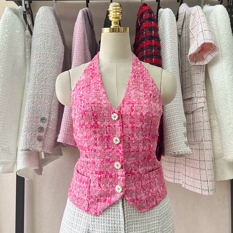 Summer French vest vest for women, neck-hanging plaid backless sexy suspender inside and outside top