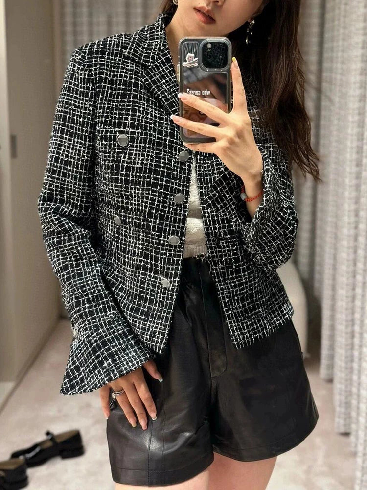 24 Spring and Autumn New Celebrity Temperament Plaid Jacket Women's Suit Collar Short Superior Tweed Wool