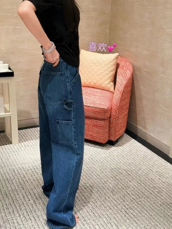 Spring and summer 26ss June, Nanyou haute couture 26 early spring new product side letters double pockets natural waist wash straight wide leg jeans women