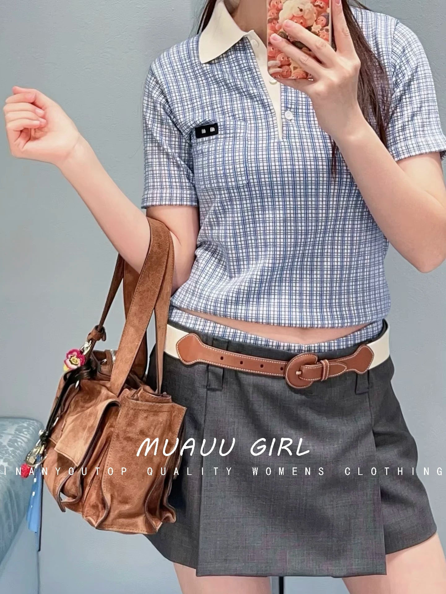 Spring/Summer 26ss June MUAUU GIRL Sweet Summer! 26SS College Style Letter Logo Polo Short Sleeve Knitwear T-Shirt Top