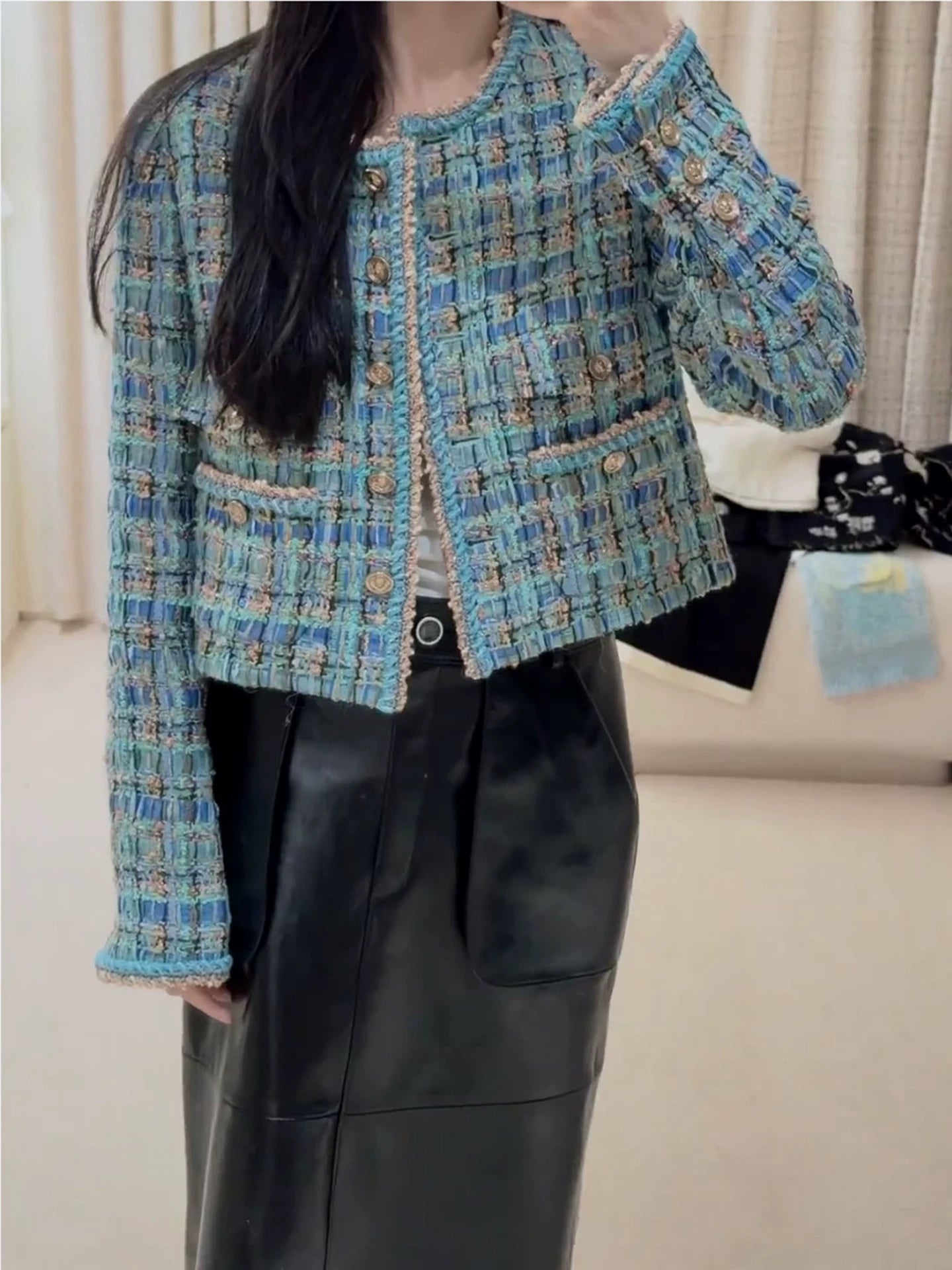 Autumn and winter suit Women's high-end temperament Celebrity heavy industry woven tweed jacket dress two-piece set