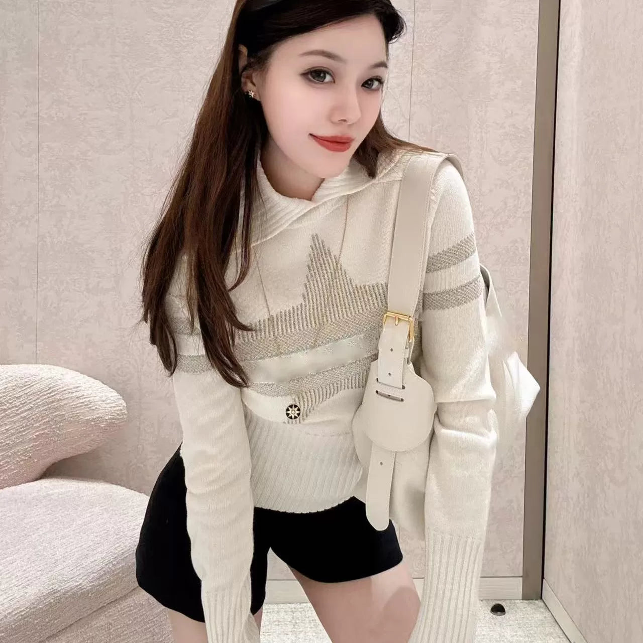 2025 autumn and winter ski series black zipper cashmere letter embroidered five-pointed star slim-fit knitted cardigan jacket women