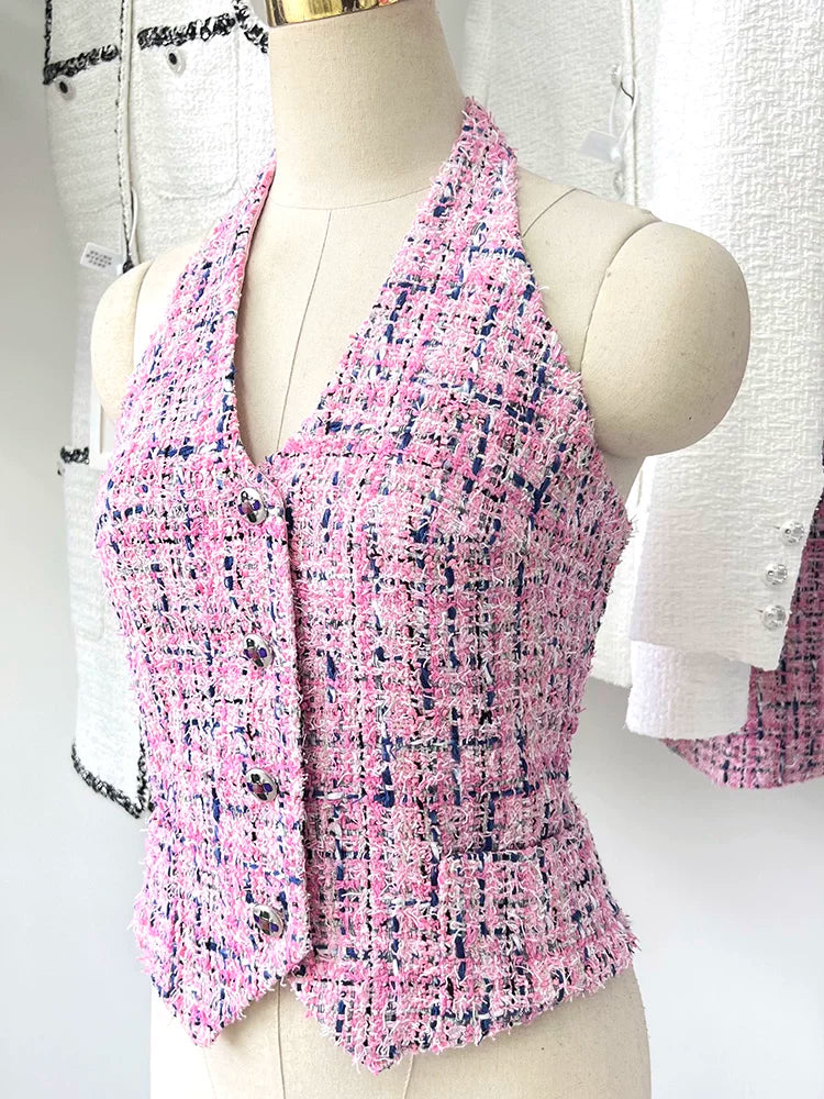 Summer French vest vest for women, neck-hanging plaid backless sexy suspender inside and outside top