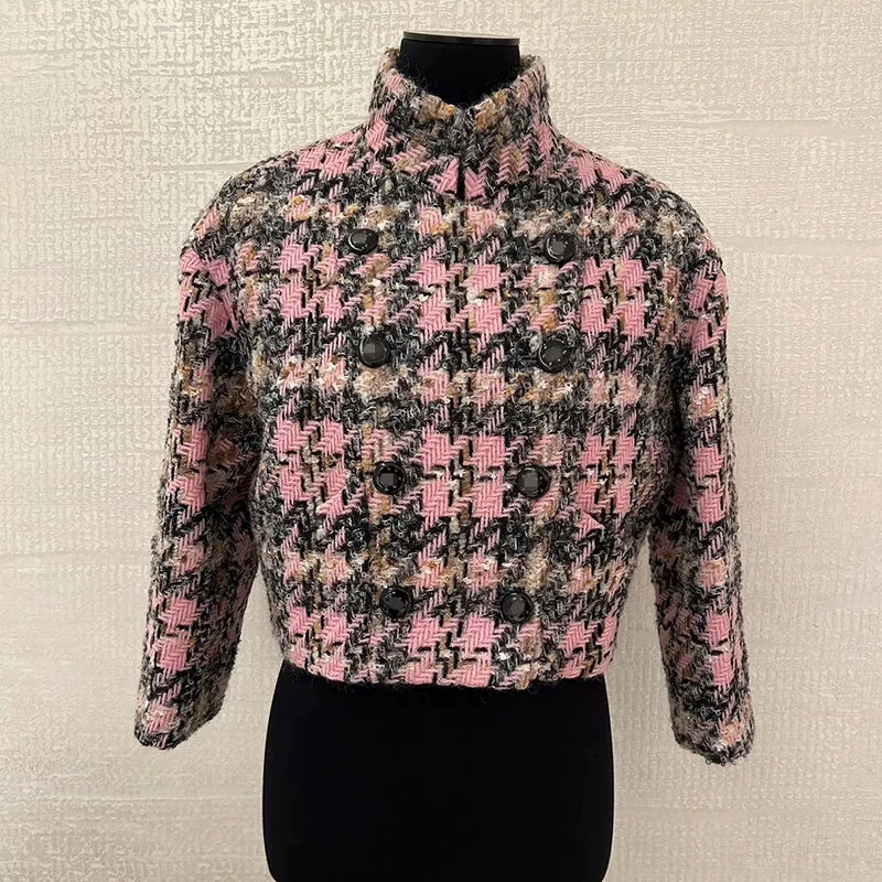 Autumn and winter new jackets, women's stand-up collar skirts, wool knitted tweed pink plaid suits, celebrity women's clothing