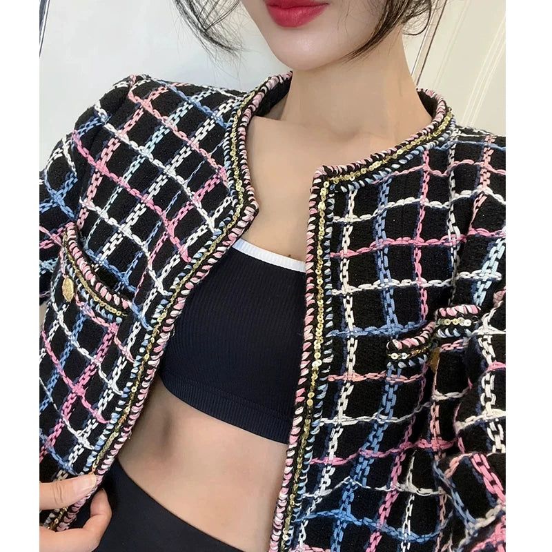 25 color strip plaid suit, coat, skirt, new early spring socialite, high-end sense, small man, thick woolen