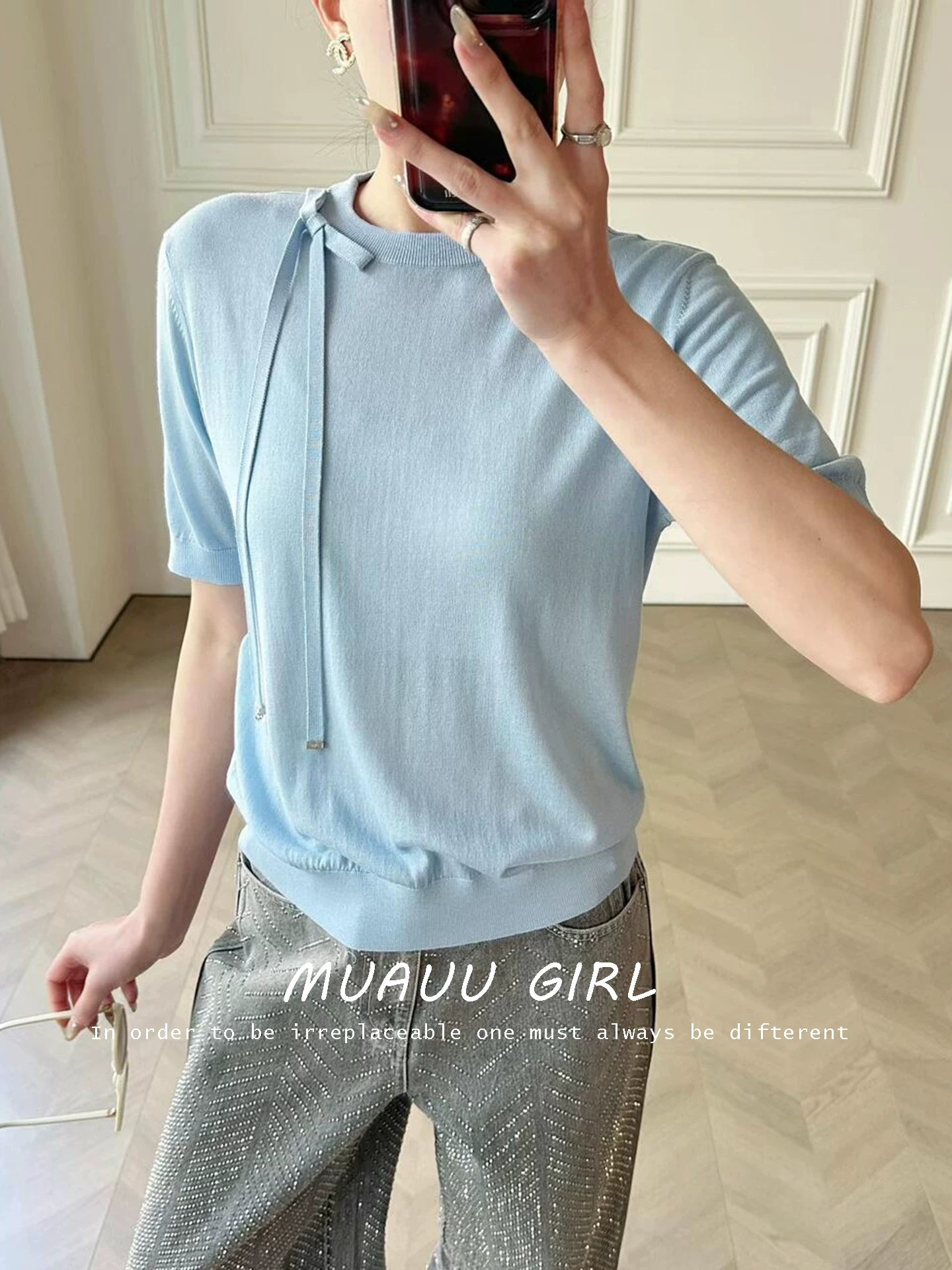 Spring and summer 26ss June MUAUU GIRL skin-friendly and breathable 26SS summer mulberry silk thin fresh bow silk ribbon top