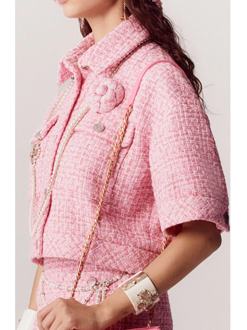 Celebrity style daughter suit short jacket half skirt pink celebrity temperament tweed French high-end sense