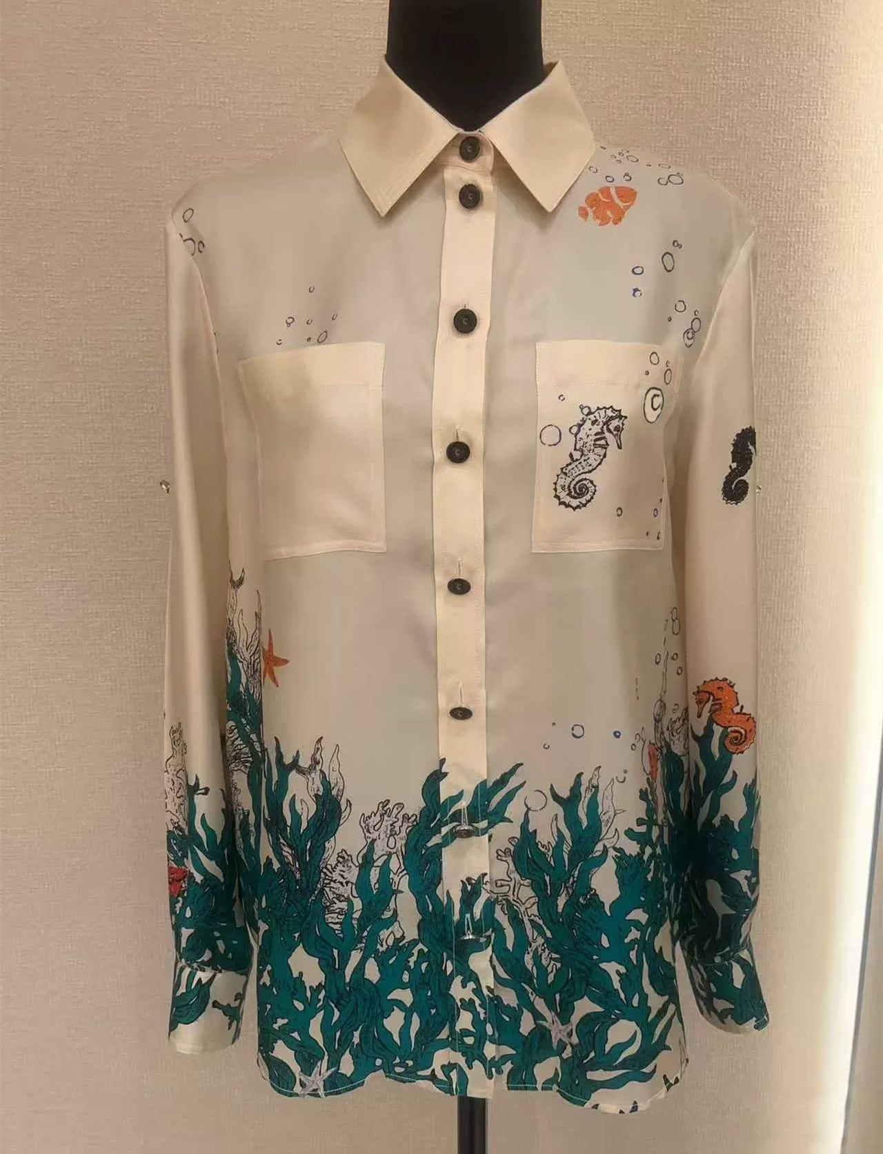 Spring and summer 26ss June, Nanyou 26 summer new underwater world print versatile and thin turned loose collar shirt top + A-shaped skirt