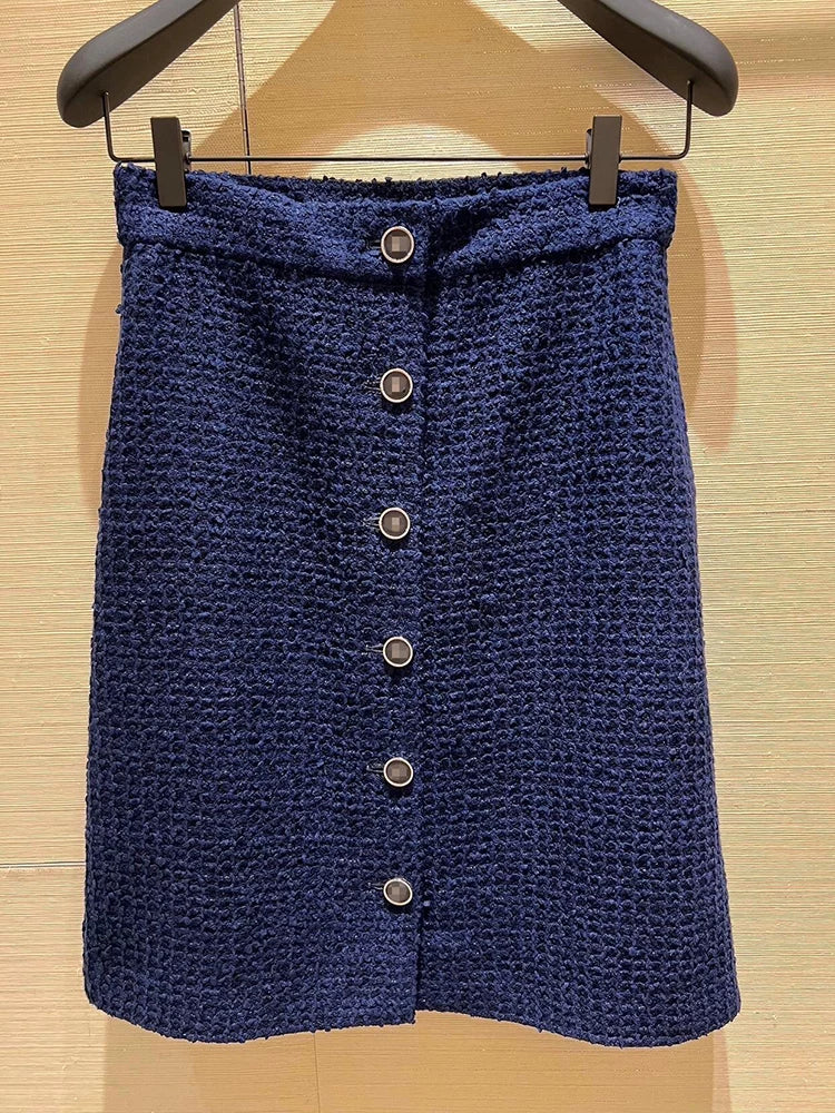 25 New suit jacket jacket skirt button skirt dark blue twill woven soft tweed two pieces