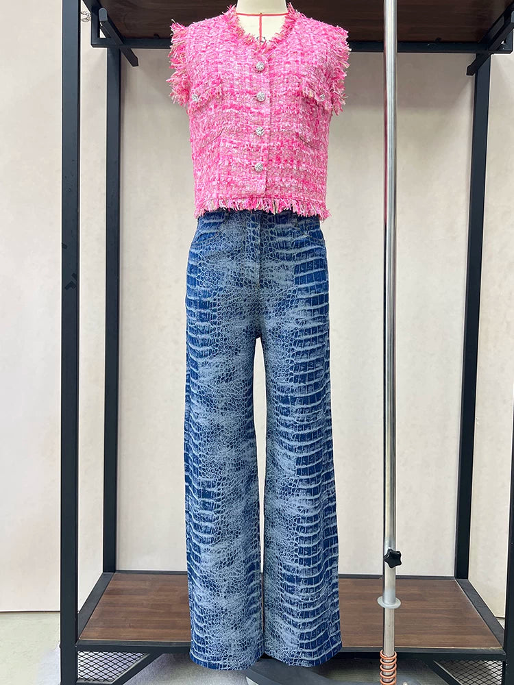 French retro jeans women's 2025 summer loose straight trousers wide-leg trousers snakeskin pattern personalized trendy trousers