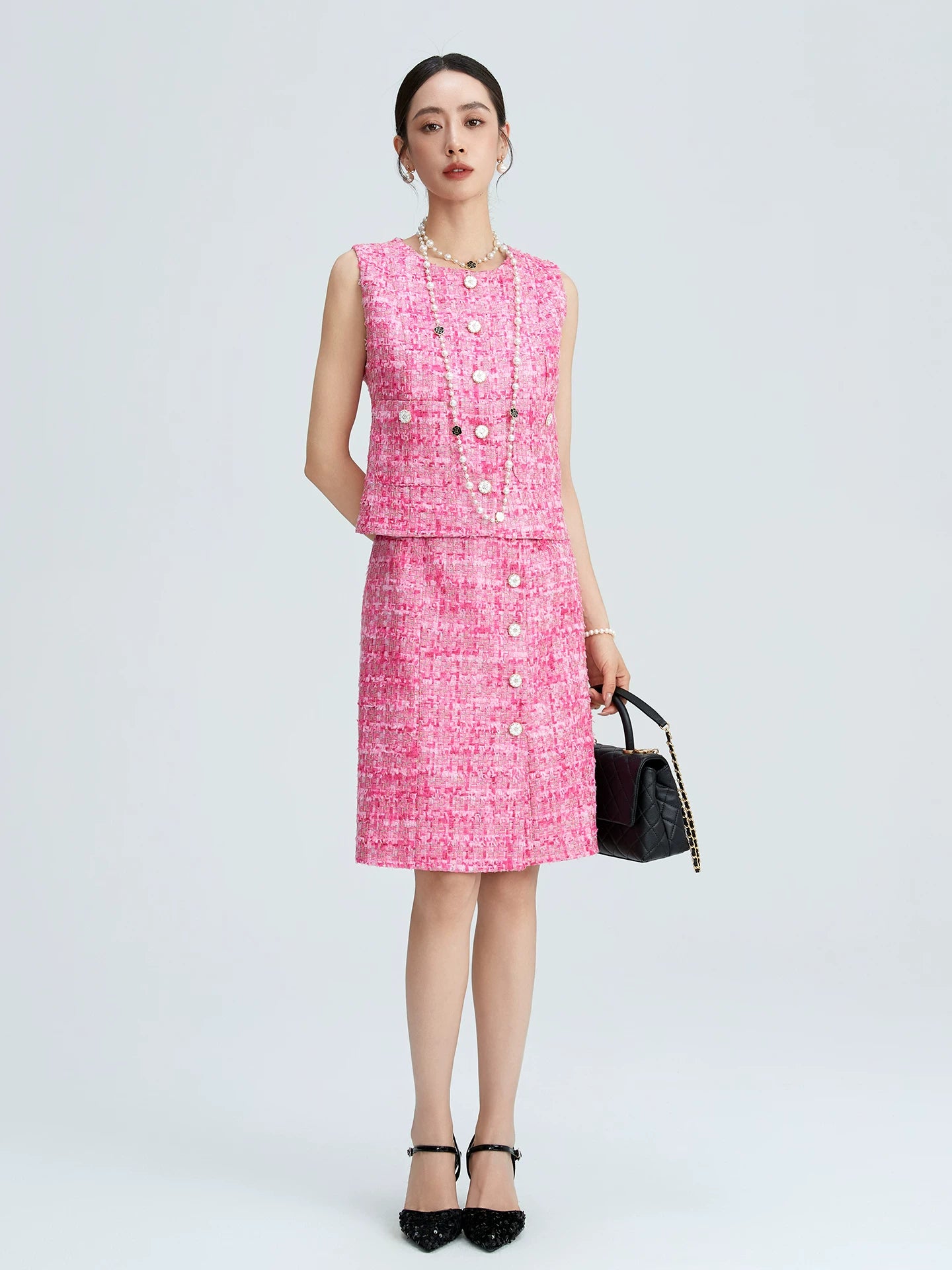 Pink tweed celebrity suit elegant temperament vest vest skirt high-end temperament suit