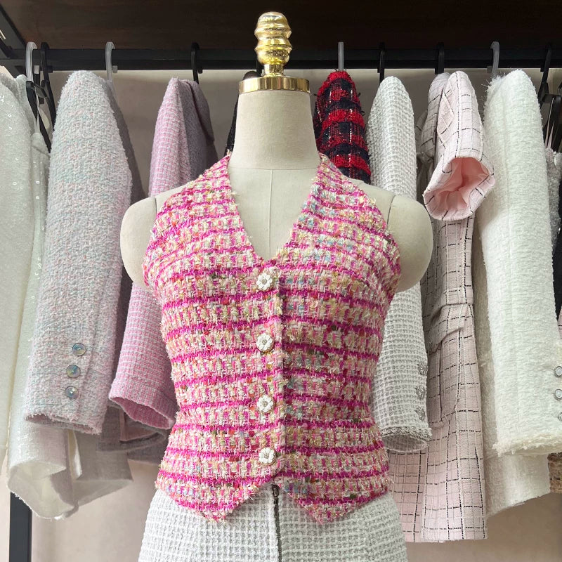 Summer French vest vest for women, neck-hanging plaid backless sexy suspender inside and outside top