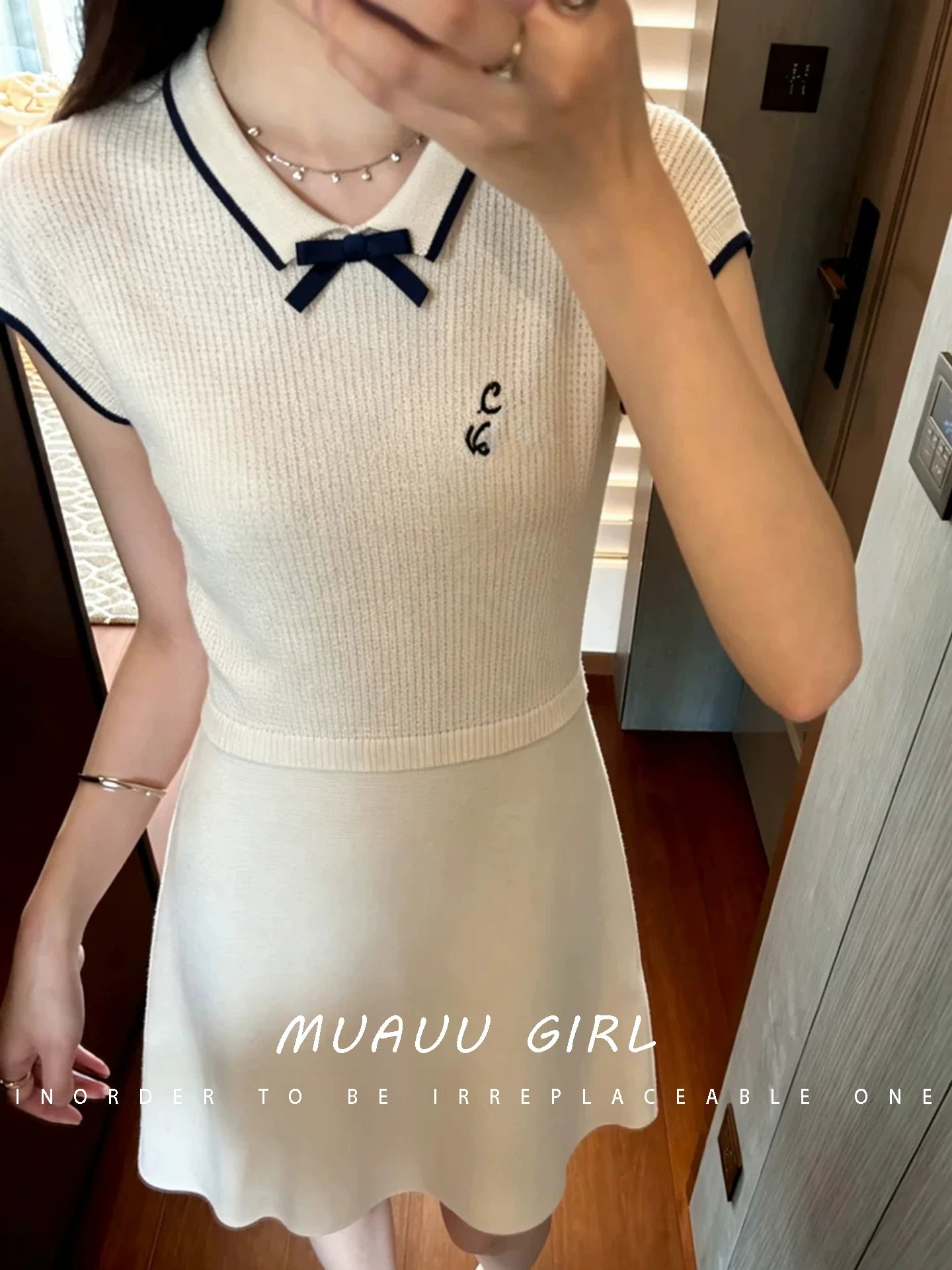 Spring and summer 26ss June MUAUU GIRL Zhao Ruth the same style! 26SS beautiful pure white letter embroidered knitted dress