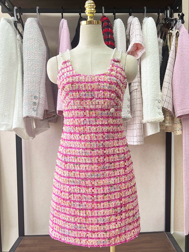 High-end dress women's pearl suspenders pink waist and thin daughter French style celebrity sexy skirt