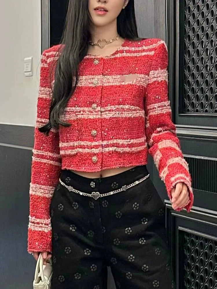 Celebrity temperament sequined striped jacket women's crew neck short top high-end wool tweed women's clothing