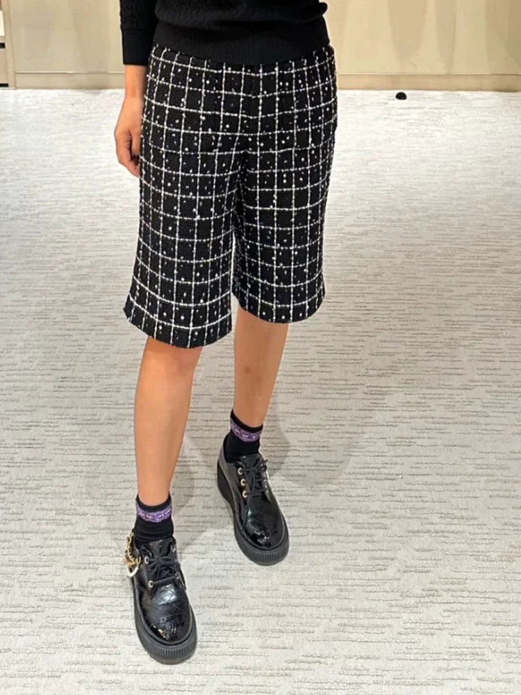 Superior suit jacket casual wide-leg pants women's medium pants five-point pants wool tweed sequin suit