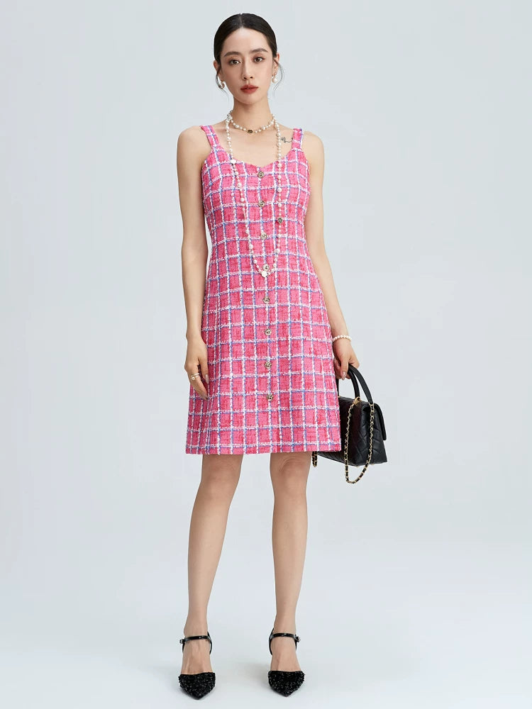 Pink and blue plaid tweed suspender dress women's single-breasted celebrity temperament V-neck slim-fitting A-word mid-skirt