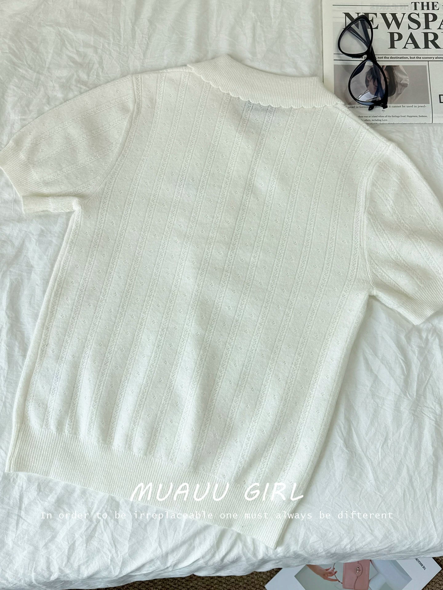 Spring/Summer 26ss June MUAUU GIRL 1-12 "Top Matching Edition~ Gentle White Moonlight" 26s White Doll Collar Short Sleeve Knitted Sweater Women