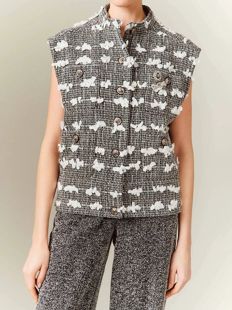 Spring and summer new vest women's high-end wool woven three-dimensional flower tweed stand-up collar sleeveless coat