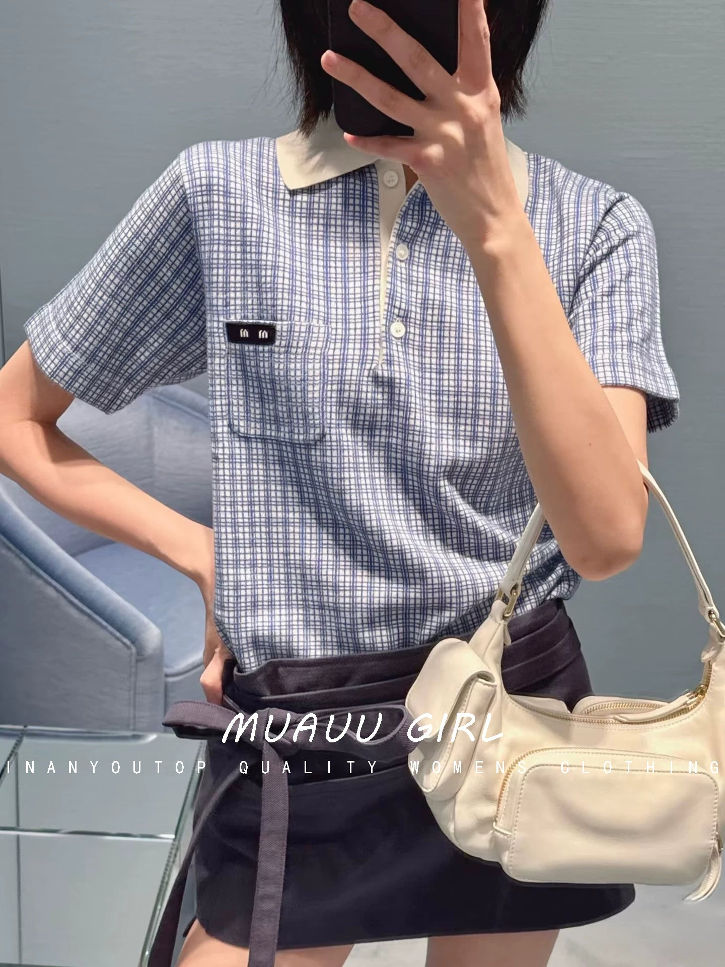 Spring/Summer 26ss June MUAUU GIRL Sweet Summer! 26SS College Style Letter Logo Polo Short Sleeve Knitwear T-Shirt Top