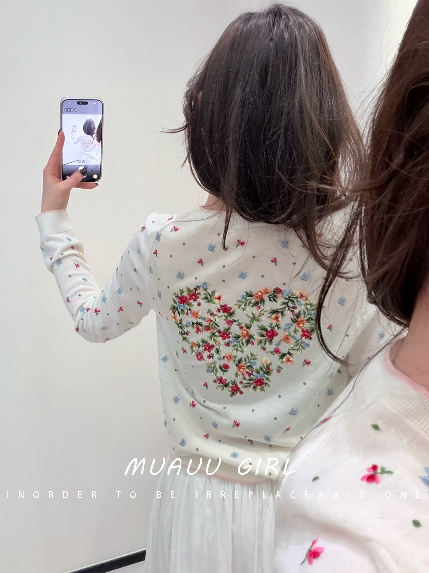 Spring and summer 26ss June MUAUU GIRL soft cute girl! 26SS Heavy Industry letter small floral embroidery long-sleeved knitted cardigan top