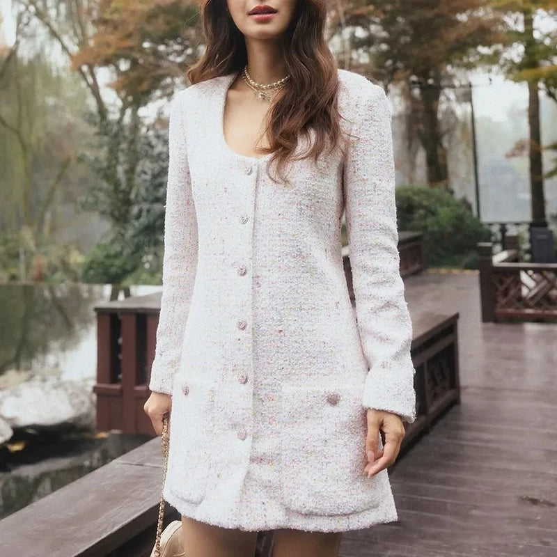 25 spring and summer new coat skirt women's medium and long round neck sequined wool tweed celebrity top women's clothing