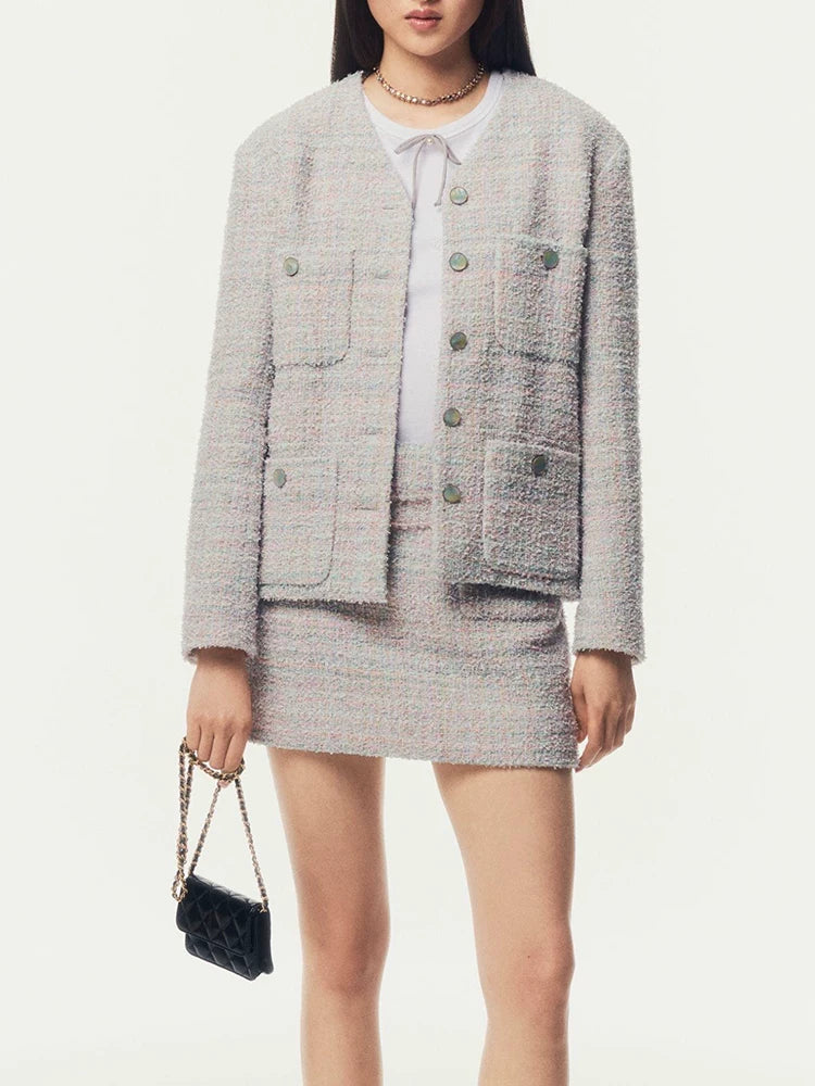 Set 2025 new light luxury high-end short skirt temperament thin early autumn tweed top two-piece set