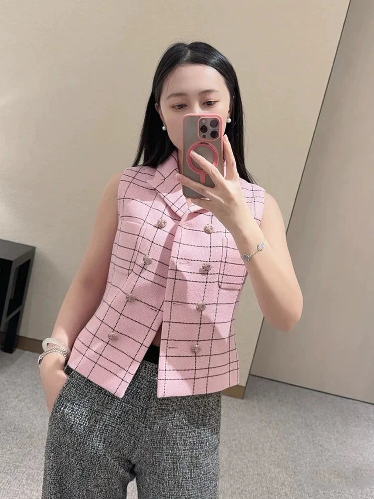 Jacket Women's Spring and Summer Thin Wool Commuter Suit Collar Double-breasted Plaid Vest Celebrity Temperament Sleeveless Vest