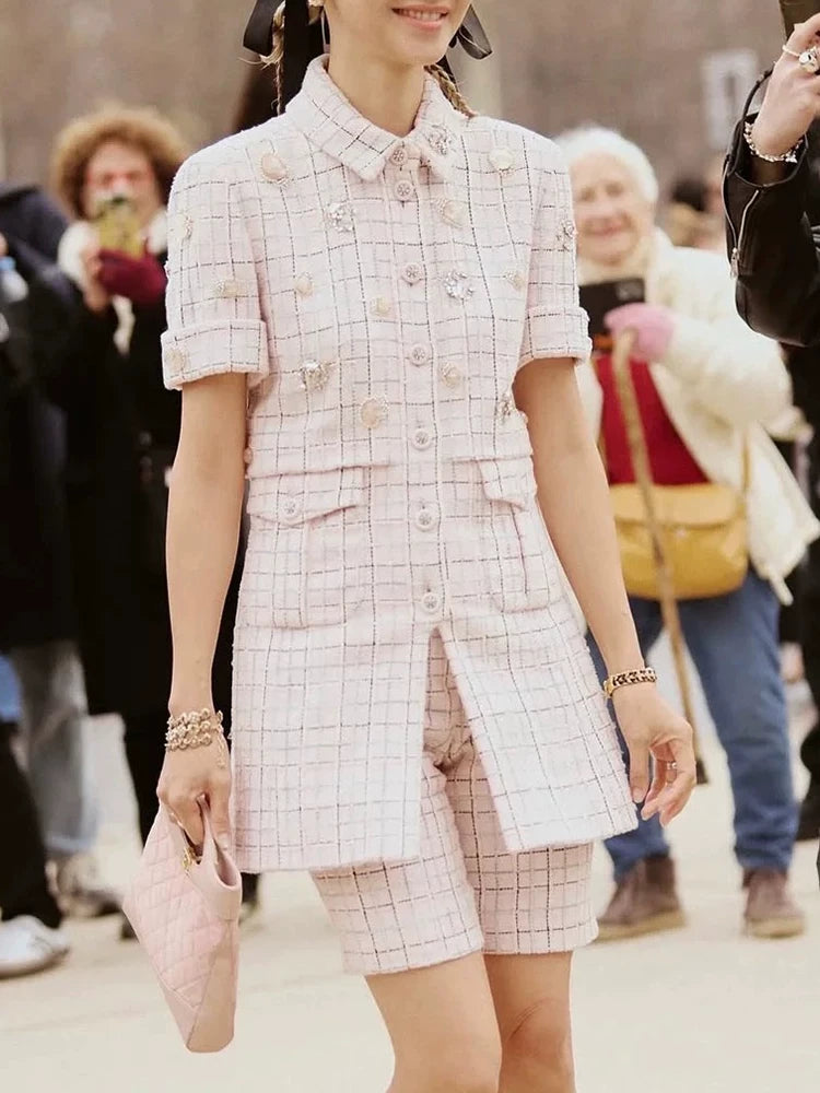 New celebrity suit short-sleeved dress women's shorts slim and thin fashion temperament wool tweed